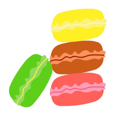 Macaroons dört renk: pembe, kahverengi, yeşil, sarı. Badem çerezler farklı tat ve renk beyaz arka plan üzerinde izole. Vektör çizim, Eps10.