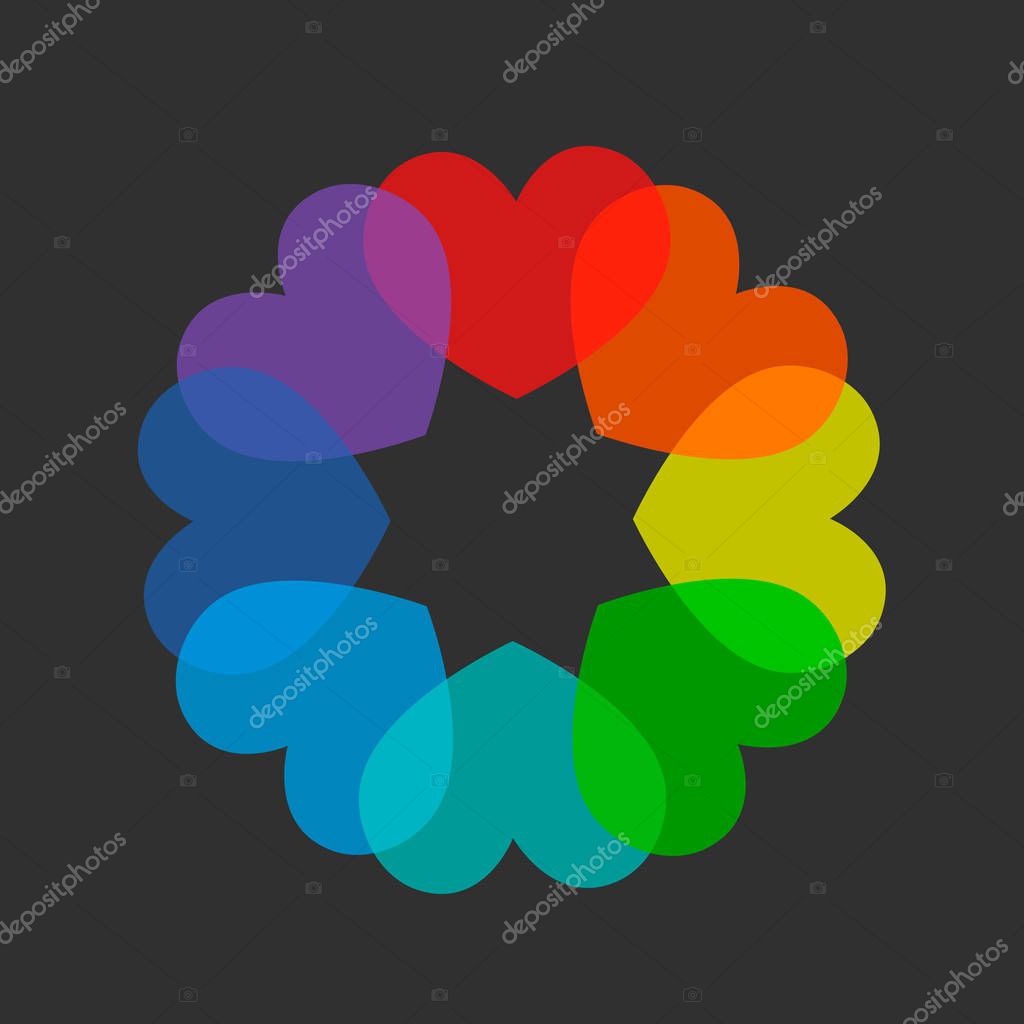 Colorful rainbow colored hearts. Heart spectrum icon on dark gray background. Vector illustration, EPS10.