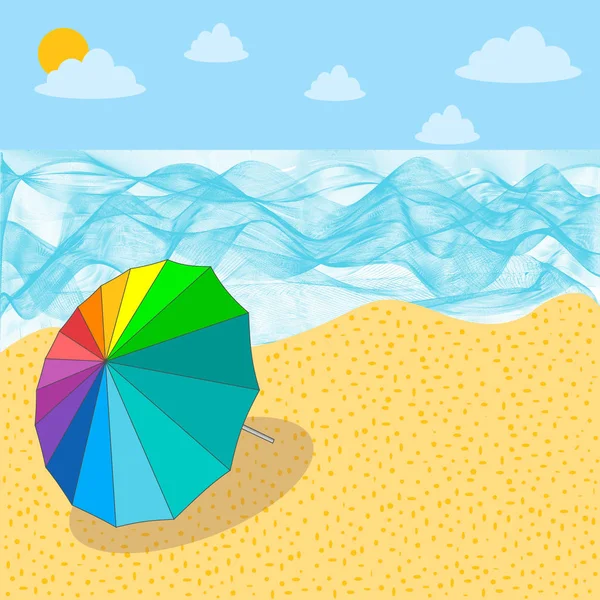 Bunter Sonnenschirm Strand Regenbogenfarbe Sonnenschirm Sandstrand Sommerzeit Vektorillustration Eps10 — Stockvektor