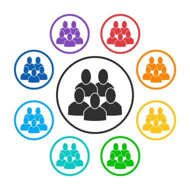 5 halklar ile grup simgeler kümesi. Gökkuşağı renkleri: kırmızı, turuncu, sarı, yeşil, Turkuaz, mavi, Lacivert, mor. Düz grafik gri ve renkli semboller tarzıdır. Vektör çizim, Eps10
