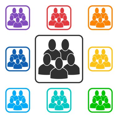 5 halklar ile kare grup simgeler kümesi. Gökkuşağı renkleri: kırmızı, turuncu, sarı, yeşil, Turkuaz, mavi, Lacivert, mor. Düz grafik gri ve renkli semboller tarzıdır. Vektör çizim, Eps10