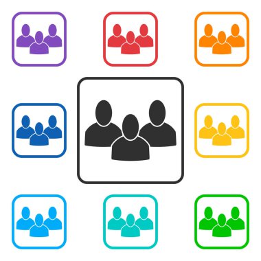 3 halklar ile kare grup simgeler kümesi. Gökkuşağı renkleri: kırmızı, turuncu, sarı, yeşil, Turkuaz, mavi, Lacivert, mor. Düz grafik gri ve renkli semboller tarzıdır. Vektör çizim, Eps10