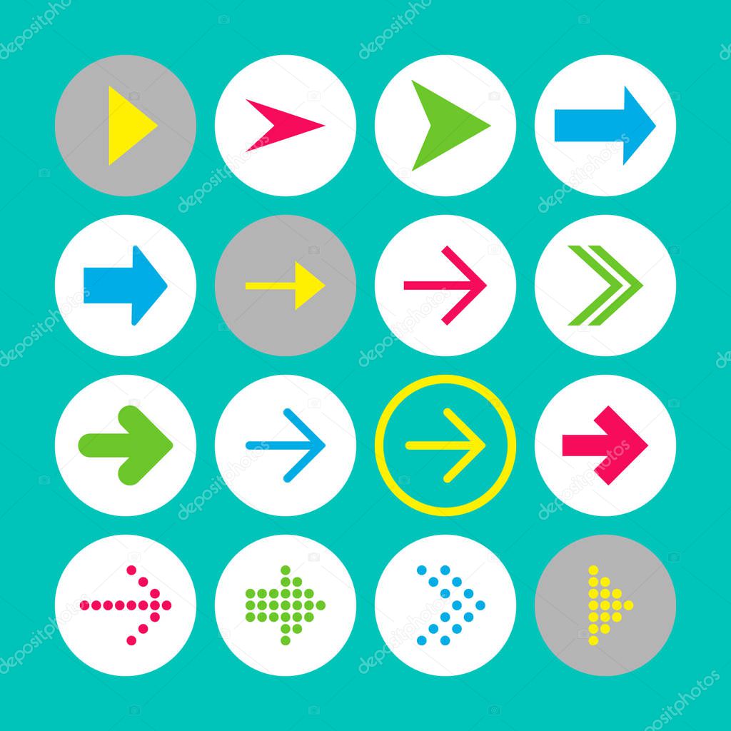 Set of 16 rigth arrow icons. Arrow buttons on turquoise background in white, gray and transparent circles for web-design, applications and other. Vector illustration, EPS10.