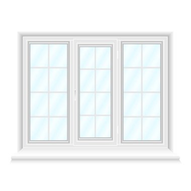 Beyaz arka plan üzerinde izole mavi gözlük ile beyaz Üçlü pencere çerçevesi. Mimari ve iç mekan için gerçekçi pencere kapalı. Vektör çizim, Eps10.