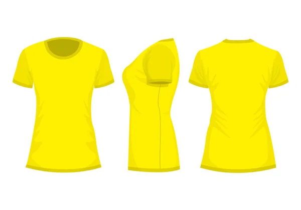 Camiseta Mujer Amarilla Con Manga Corta Frente Atrás Vista Lateral — Vector de stock