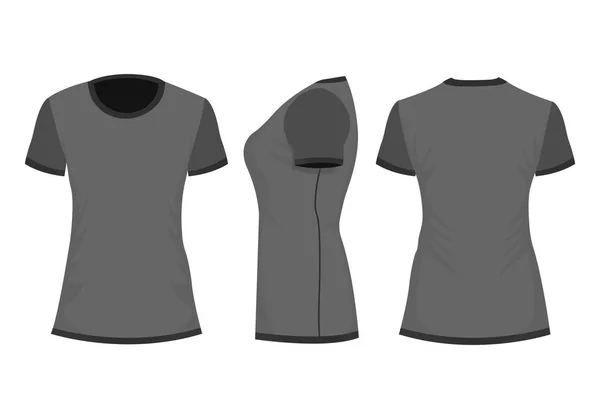 Schwarzes Dunkelgraues Frauen Shirt Mit Kurzem Ärmel Vorderseite Rückseite Seitenansicht — Stockvektor