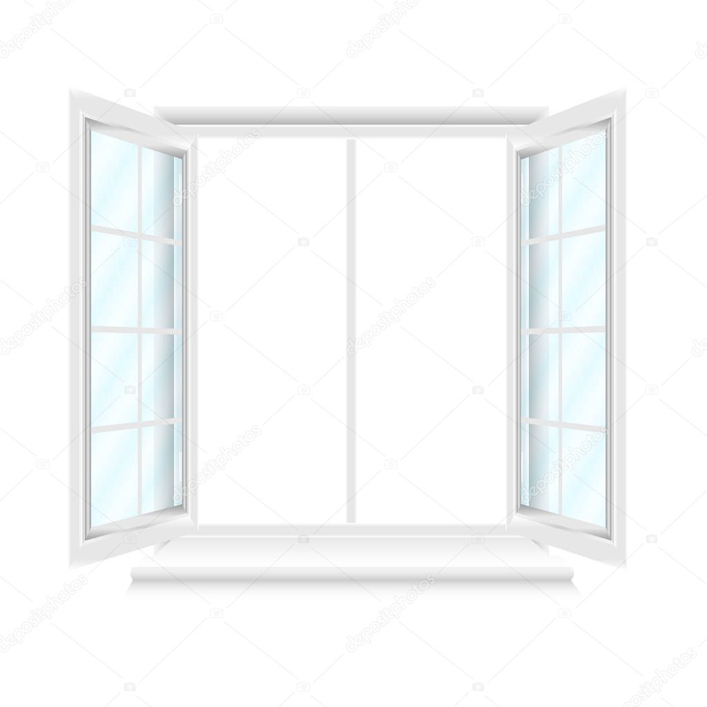 Opened white window frame isolated on white background. Opened realistic vector window element for architecture and interior design. Vector illustration, EPS10.