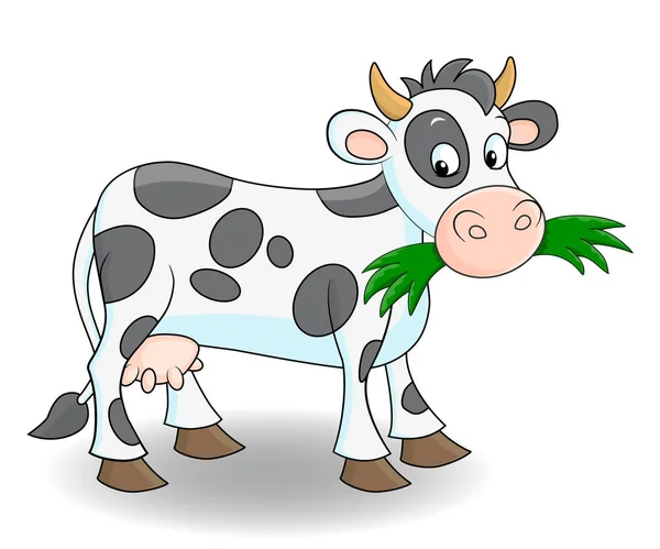 Linda vaca de dibujos animados comer hierba — Vector de stock