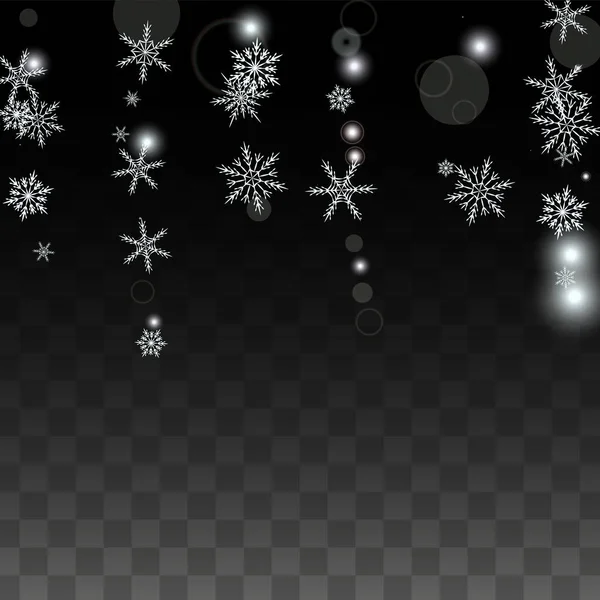 Рождественский векторный фон с белыми снежинками, изолированными на прозрачном фоне. Реалистичный образец снежной искры. Печать снегопада. Зимнее небо. Дизайн приглашения на вечеринку. — стоковый вектор