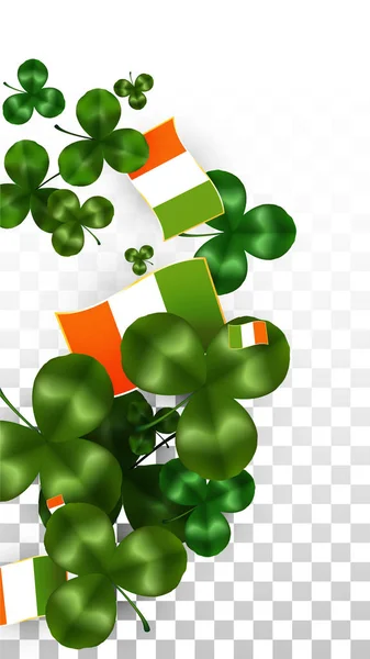 Foglia di trifoglio vettoriale e bandiera irlandese isolata su sfondo trasparente. Illustrazione del giorno di San Patrizio. Poster Lucky Shamrock in Irlanda. Invito per il Concerto Irlandese al Pub. Turismo in Irlanda . — Vettoriale Stock