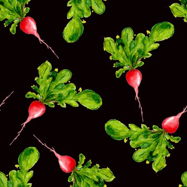 Suluboya Vegan desen. Sorunsuz elle çizilmiş sebze. Sağlıklı gıda yazdır. Bahçe arka plan. Yeşil menü, Restoran, Salat Bar, çiftçilere piyasa için tekrarlanabilir tasarım. Redish. Vejetaryen.