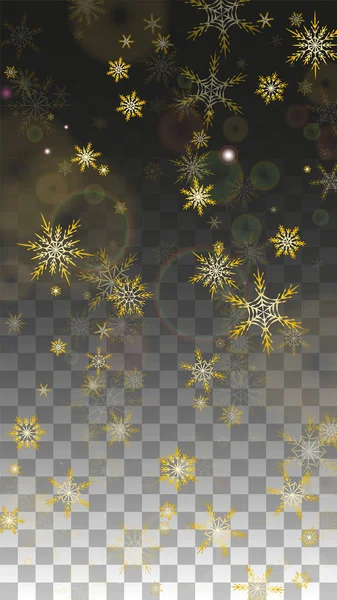 Fondo vectorial navideño con copos de nieve caídos en oro aislados sobre fondo transparente. Patrón realista de chispas de nieve. Impresión de capa de nieve. Cielo de invierno. Diseño para la invitación del partido. — Vector de stock