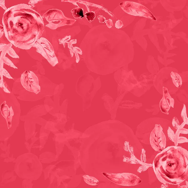 Розфарбована акварельна композиція з квітами та листям. Рамка з троянд. Квіткова межа. Може використовуватися як запрошення на весілля, день народження, інше свято, літній фон, плакат, банер . — стокове фото