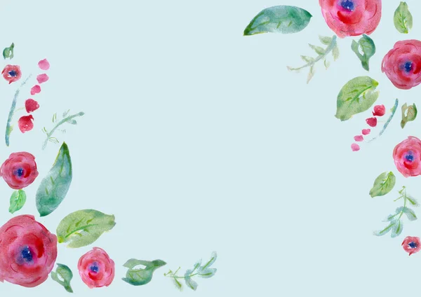 Geschilderde Aquarel Samenstelling Met Bloemen Bladeren Frame Van Rozen Floral — Stockfoto