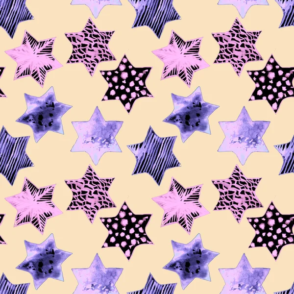 Padrão de estrelas aquarela sem costura. Fundo Festivo Mágico. Estrelas Doodle desenhadas à mão. Baby Design. Abstract Rapport for Wallpaper, Têxtil, Linho, Envolvimento, Cartazes, Cartões, Banner. Ano Novo, Aniversário — Fotografia de Stock