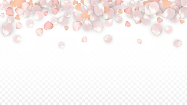 ベクトル現実主義の花びらとハートコンフェッティ。透明感のある背景でさくらとハートを空飛ぶ。結婚式の招待状背景。春のロマンスポスター。周年記念デザインのベクトルイラスト. — ストックベクタ