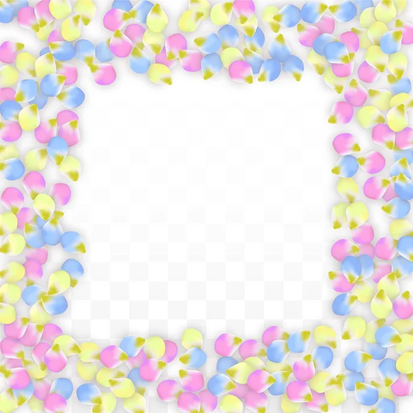 Vector realistas pétalos coloridos cayendo sobre fondo transparente. Ilustración de flores románticas de primavera. Pétalos voladores. Sakura Spa Design. Blossom Confetti. Elementos de diseño para la decoración de bodas . — Vector de stock