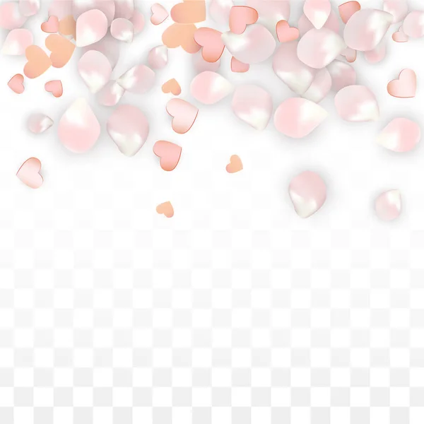 Confettis vectoriels réalistes de pétales et de coeurs. Flying Sakura and Hearts on Transparent Background. Invitation de mariage Contexte. Affiche Romance Printemps. Illustration vectorielle pour le design anniversaire. — Image vectorielle