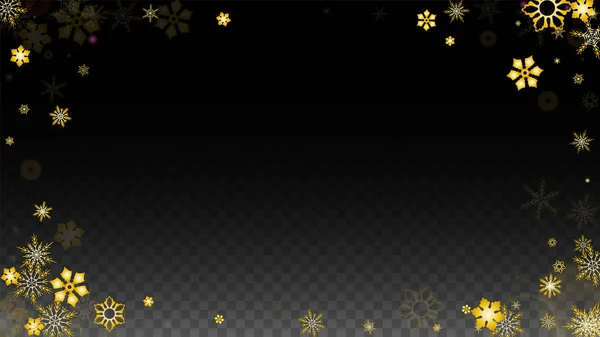 Fondo vectorial navideño con copos de nieve caídos en oro aislados sobre fondo transparente. Patrón realista de chispas de nieve. Impresión de capa de nieve. Cielo de invierno. Diseño para la invitación del partido. — Vector de stock