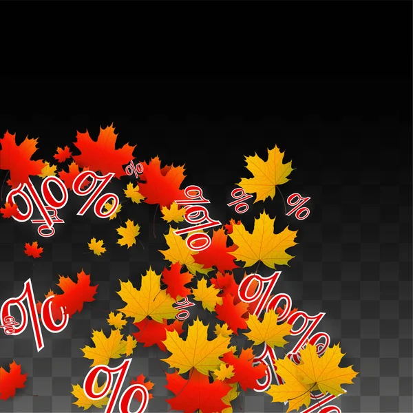 Signe vectoriel en pourcentage et feuilles d'automne Confettis sur fond transparent. Pourcentage de vente Contexte. Affaires, économie, finances Imprimer. Illustration de réduction. Affiche de promotion. Bannière Black Friday . — Image vectorielle