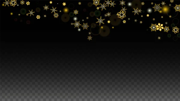透明背景に隔離された金の落下雪片とクリスマスベクトルの背景。現実的な雪の輝きパターン。雪のオーバーレイプリント。冬の空。パーティー招待のためのデザイン. — ストックベクタ