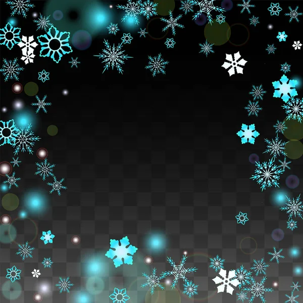 透明な背景に分離された青の立ち下がり雪とクリスマスのベクトルの背景。現実的な雪輝きパターン。降雪オーバーレイを印刷します。冬の空。パーティの招待状のデザイン. — ストックベクタ