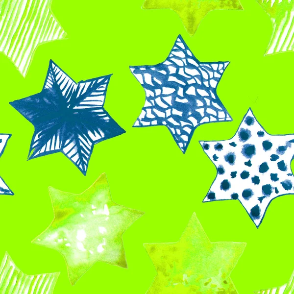 Padrão de estrelas aquarela sem costura. Fundo Festivo Mágico. Estrelas Doodle desenhadas à mão. Baby Design. Abstract Rapport for Wallpaper, Têxtil, Linho, Envolvimento, Cartazes, Cartões, Banner. Ano Novo, Aniversário — Fotografia de Stock