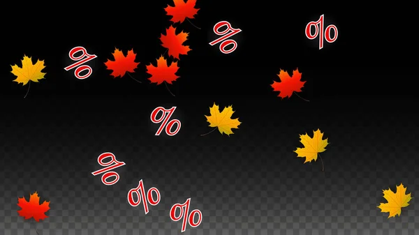 Vector Percentage teken en herfst bladeren Confetti op transparante achtergrond. Percentage verkoop achtergrond. Business, economie, Financiën afdrukken. Korting illustratie. Promotie poster. Black Friday Banner. — Stockvector