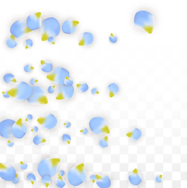 Pétalos azules realistas vectoriales cayendo sobre fondo transparente. Ilustración de flores románticas de primavera. Pétalos voladores. Sakura Spa Design. Confetti de flor . — Vector de stock