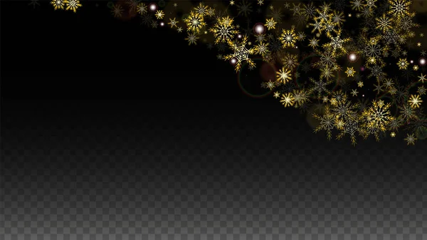 Fondo vectorial navideño con copos de nieve caídos en oro aislados sobre fondo transparente. Patrón realista de chispas de nieve. Impresión de capa de nieve. Cielo de invierno. Diseño para la invitación del partido. — Archivo Imágenes Vectoriales