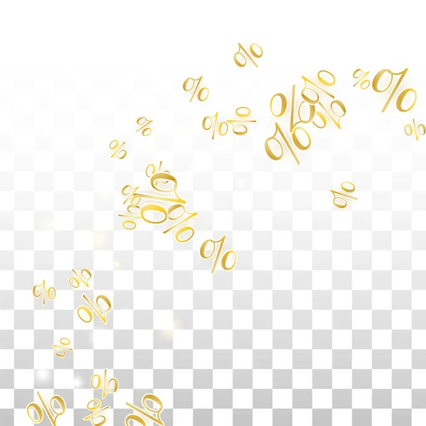 Luxus Vector Gold Percentage Sign Confetti auf Transparent. Prozent Verkaufshintergrund. Betriebswirtschaft, VWL Print. Discount Illustration. Werbeplakat. Banner zum Black Friday. Vorlage für Sonderangebote. — Stockvektor