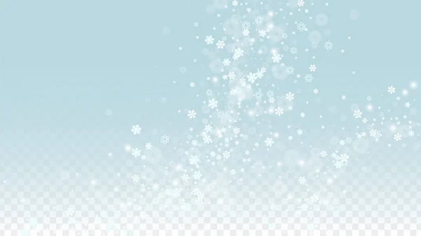 Fondo vectorial navideño con copos de nieve blancos que caen aislados sobre fondo transparente. Patrón realista de chispas de nieve. Impresión de capa de nieve. Cielo de invierno. Diseño para la invitación del partido. — Vector de stock