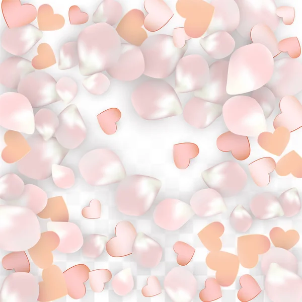 Vector realista pétalos y corazones Confetti. Flying Sakura and Hearts on Transparent Background (en inglés). Fondo de invitación de boda. Cartel del romance de primavera. Ilustración vectorial para el diseño del aniversario. — Archivo Imágenes Vectoriales