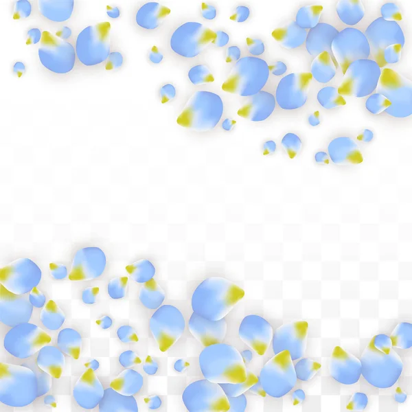 Vektor realistische blaue Blütenblätter fallen auf transparentem Hintergrund. Frühling romantische Blumen Illustration. Fliegende Blütenblätter. Sakura Wellness Design. Blütenkonfetti. — Stockvektor