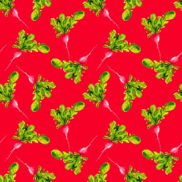수채화 채식주의 패턴입니다. 원활한 손으로 그린 야채입니다. 건강 식품 인쇄입니다. 원 예 배경입니다. 농민 시장, Salat 바, 레스토랑, 메뉴에 대 한 녹화 반복 디자인. Redish입니다. 채식. — 스톡 사진