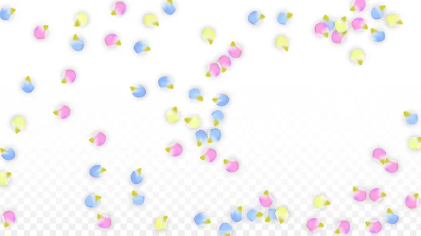 Vector realistas pétalos coloridos cayendo sobre fondo transparente. Ilustración de flores románticas de primavera. Pétalos voladores. Sakura Spa Design. Blossom Confetti. Elementos de diseño para la decoración de bodas . — Archivo Imágenes Vectoriales