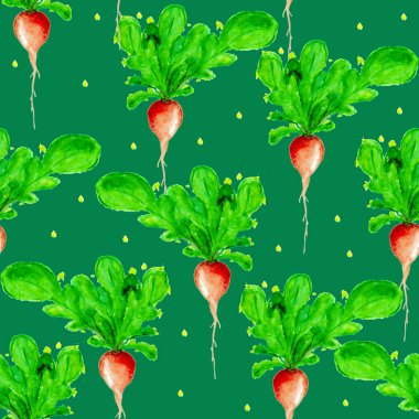 Suluboya Vegan desen. Sorunsuz elle çizilmiş sebze. Sağlıklı gıda yazdır. Bahçe arka plan. Yeşil menü, Restoran, Salat Bar, çiftçilere piyasa için tekrarlanabilir tasarım. Redish. Vejetaryen.