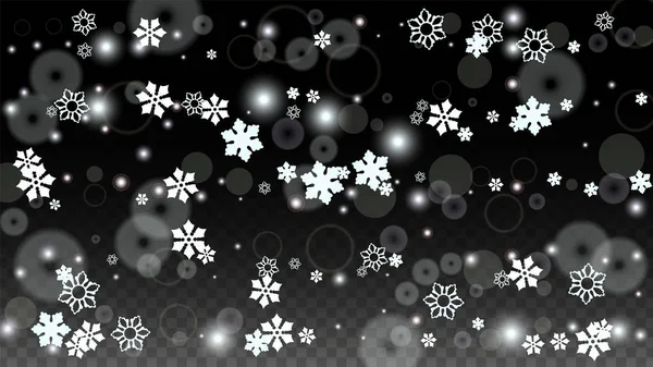 Sfondo vettoriale di Natale con fiocchi di neve bianchi che cadono isolati su sfondo trasparente. Fantasia realistica di neve scintillante. Sovrapposizione di neve Stampa. Cielo d'inverno. Progettazione per invito alla festa. — Vettoriale Stock