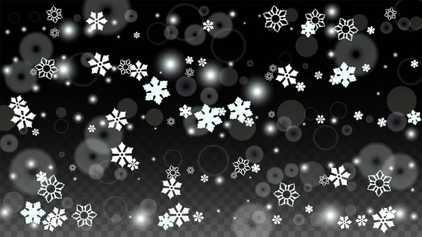 Fondo vectorial navideño con copos de nieve blancos que caen aislados sobre fondo transparente. Patrón realista de chispas de nieve. Impresión de capa de nieve. Cielo de invierno. Diseño para la invitación del partido. — Vector de stock