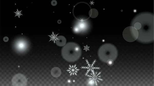 크리스마스 Vector Background with White Falling Snowflakes Isolated on Transparent Background. 현실적 인 스노우 스파클 패턴. Snowfall Overlay Print 의 약자이다. 겨울 하늘. 파티 초대를 위한 설계. — 스톡 벡터