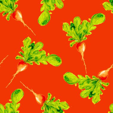 Suluboya Vegan desen. Sorunsuz elle çizilmiş sebze. Sağlıklı gıda yazdır. Bahçe arka plan. Yeşil menü, Restoran, Salat Bar, çiftçilere piyasa için tekrarlanabilir tasarım. Redish. Vejetaryen.