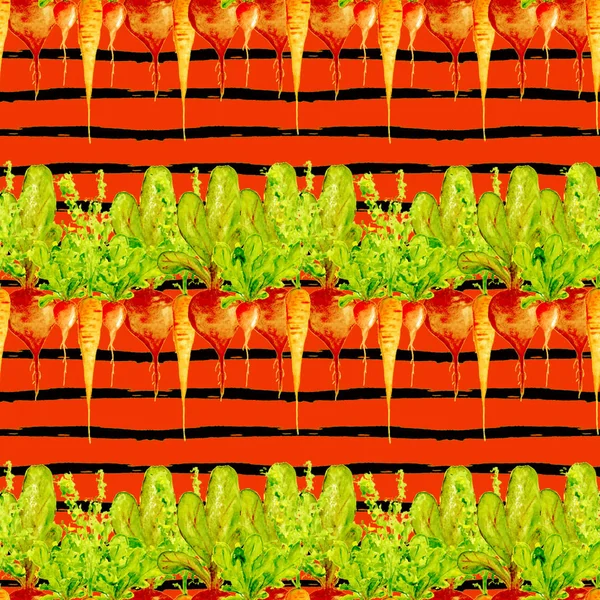 Aquarell Veganes Muster. Nahtloses handgezeichnetes Gemüse. Gesundes Essen. Gartenarbeit im Hintergrund. Grüngestaltung für Speisekarte, Restaurant, Salatbar, Bauernmarkt. Rote Rüben, Möhren, Rüben. — Stockfoto
