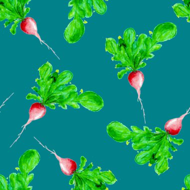 Suluboya Vegan desen. Sorunsuz elle çizilmiş sebze. Sağlıklı gıda yazdır. Bahçe arka plan. Yeşil menü, Restoran, Salat Bar, çiftçilere piyasa için tekrarlanabilir tasarım. Redish. Vejetaryen.