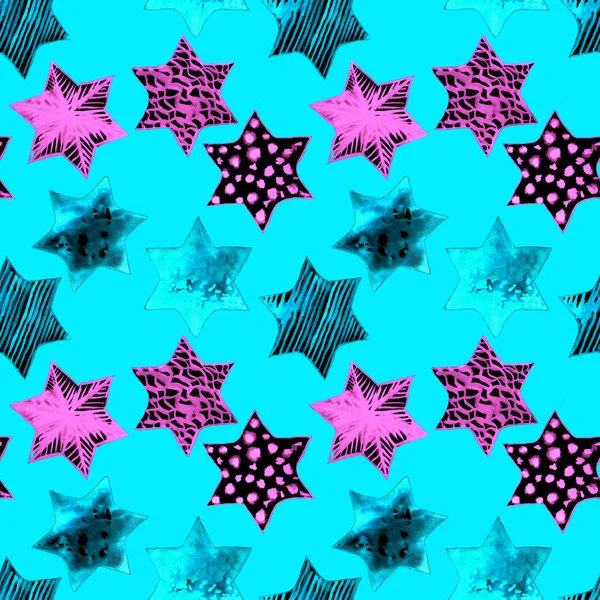 Patrón de estrellas de acuarela sin costura. Fondo festivo mágico. Doodle Stars dibujados a mano. Diseño de bebé. Resumen Rapport for Wallpaper, Textil, Ropa de cama, Envoltura, Carteles, Tarjetas, Banner. Año Nuevo, Cumpleaños —  Fotos de Stock