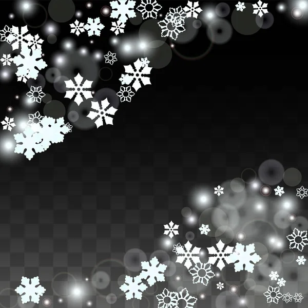 圣诞矢量背景，白色雪花飘落在透明背景上。现实的白雪公主图案。降雪覆盖打印。冬天的天空党的邀请函设计. — 图库矢量图片