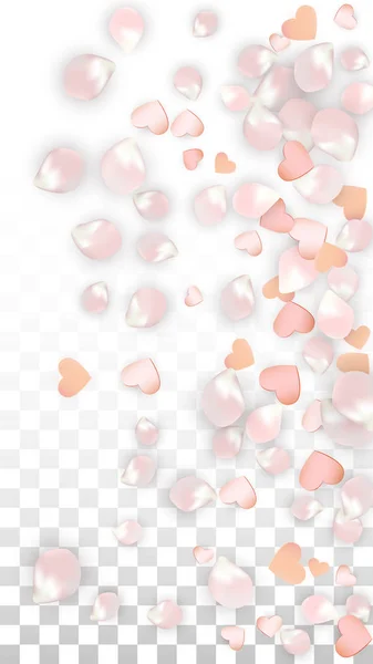 Vetor Realista Pétalas e Corações Confetti. Voando Sakura e Corações em Fundo Transparente. Convite de casamento fundo. Cartaz do Romance da Primavera. Ilustração vetorial para design de aniversário. — Vetor de Stock