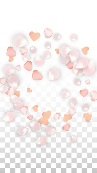 Vektor realistiska kronblad och hjärtan Confetti. Flygande Sakura och hjärtan på genomskinlig bakgrund. Bröllopsinbjudan bakgrund. Vårens romantiska affisch. Vektor Illustration för jubileumsdesign. — Stock vektor