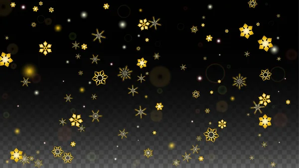 透明背景に隔離された金の落下雪片とクリスマスベクトルの背景。現実的な雪の輝きパターン。雪のオーバーレイプリント。冬の空。パーティー招待のためのデザイン. — ストックベクタ