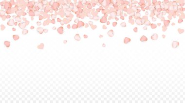 Sevgi kalpleri konfeti arka plan düşüyor. St. Valentine's gün desen romantik dağınık kalpler. Düğün, yıldönümü, Doğum günü partisi, satış için kartları, afişler, posterler, el ilanları için vektör çizim.