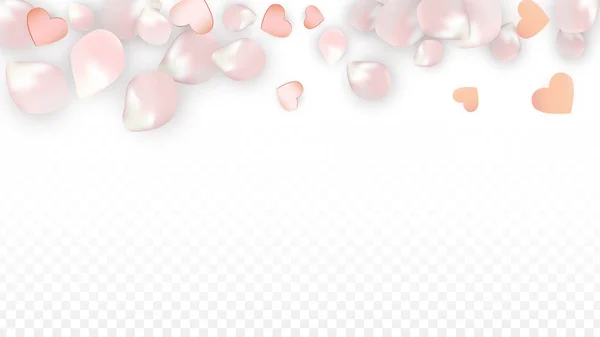 ベクトル現実主義の花びらとハートコンフェッティ。透明感のある背景でさくらとハートを空飛ぶ。結婚式の招待状背景。春のロマンスポスター。周年記念デザインのベクトルイラスト. — ストックベクタ